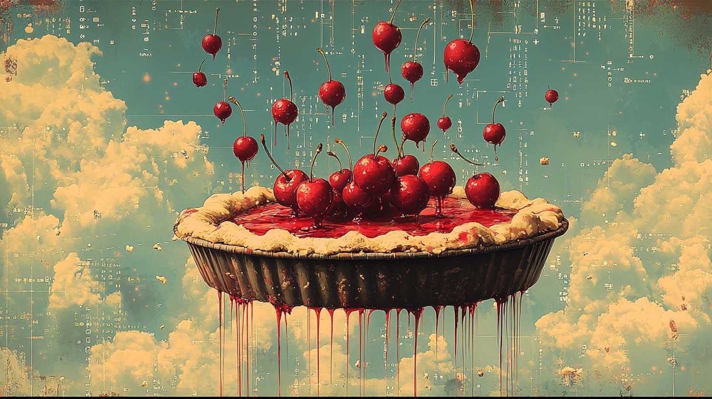 Cherry pie floating in a sky with random math formulas flying around it