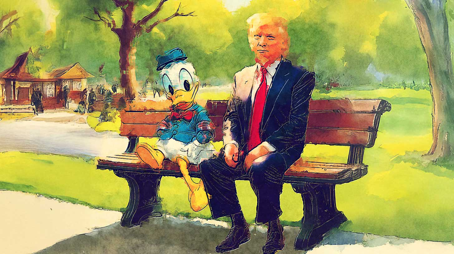 Donald Duck and Donald Trump sitting on a park bench