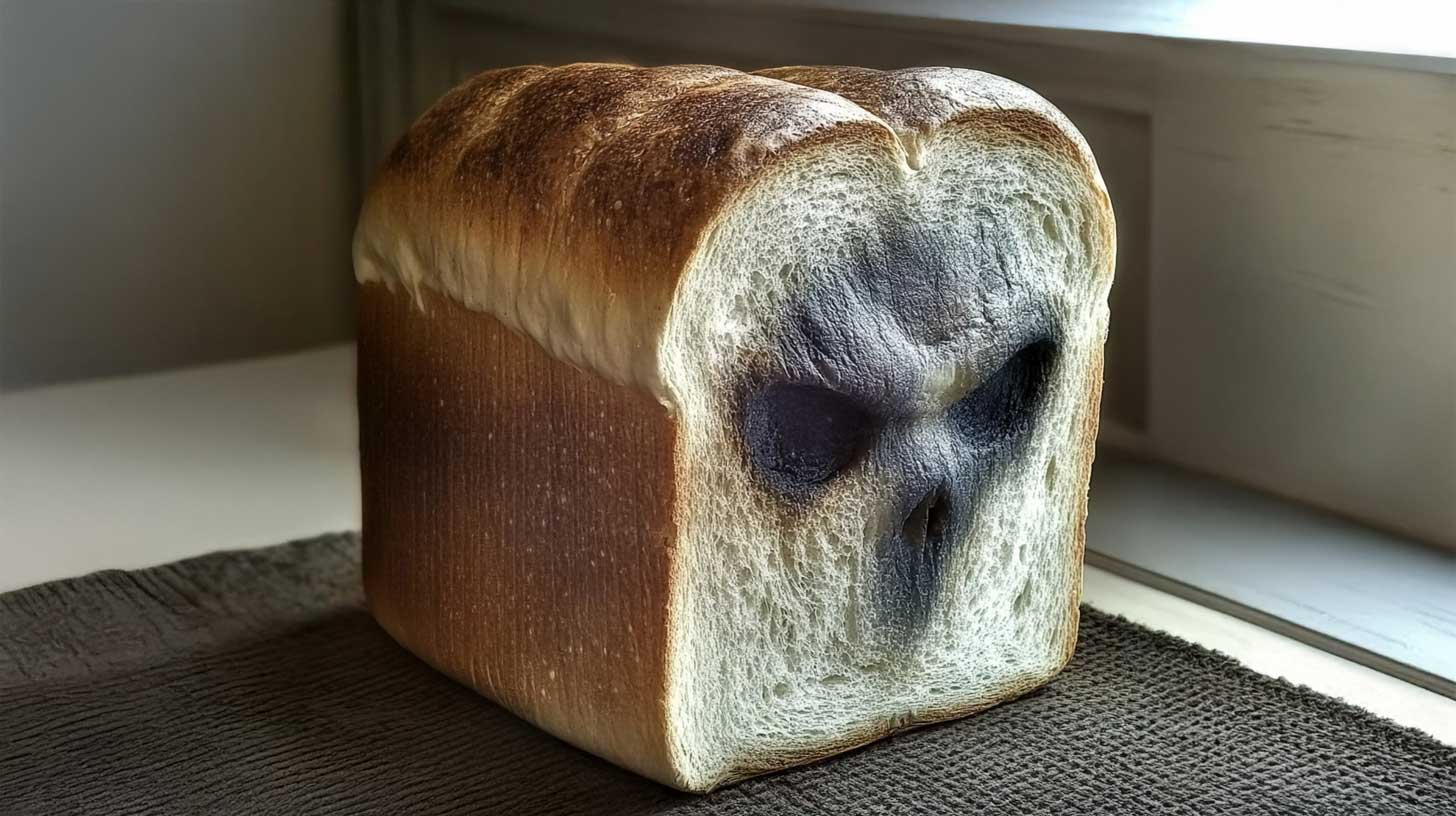 Surreal photo of a white loaf of bred with a black skull face embedded