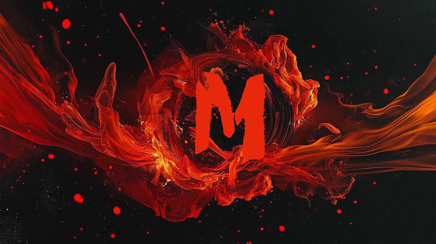 Abstract red swirl on a black background with a melting M in the centre