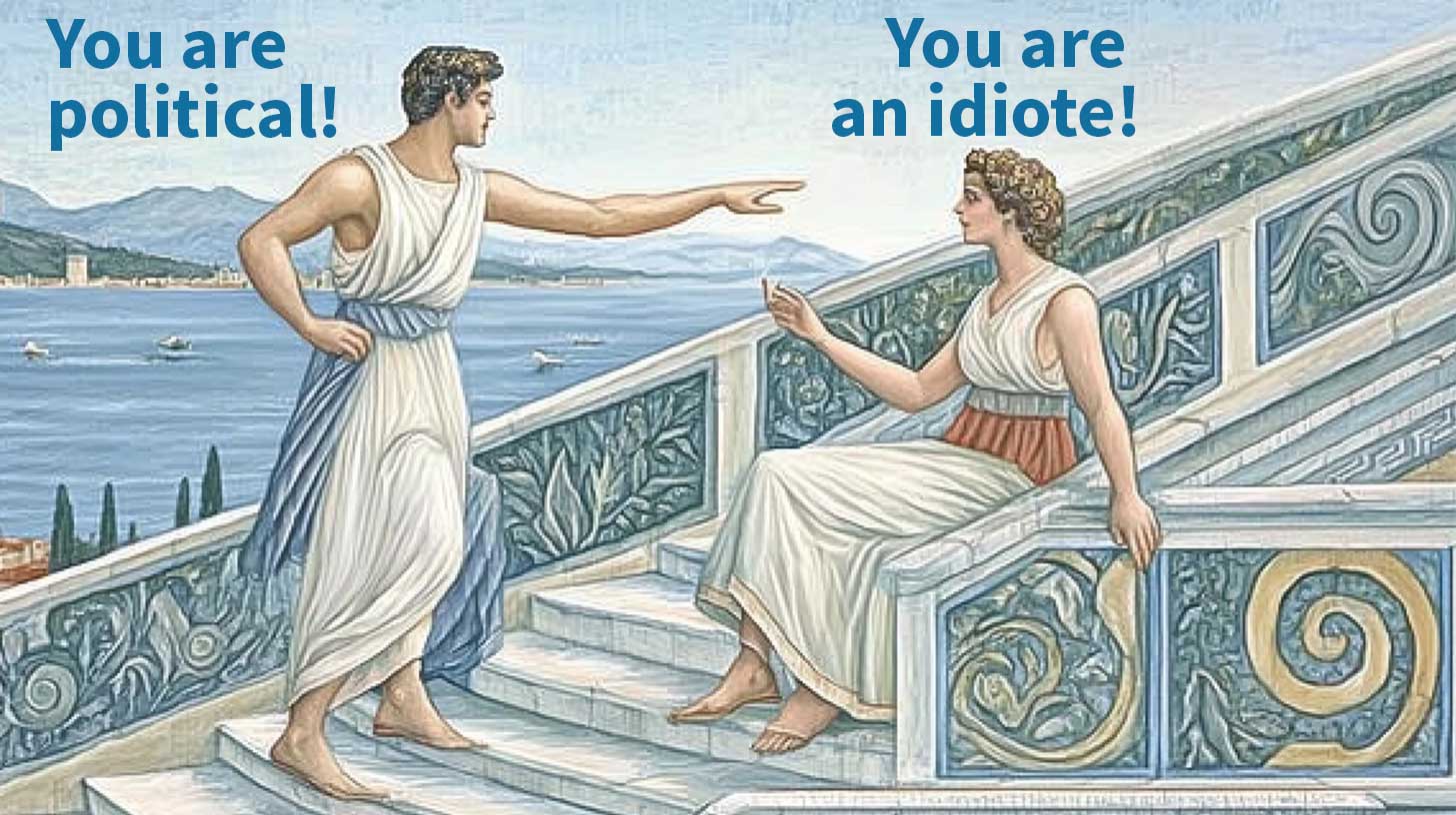 Illustration of a woman and a man on some ancient Greek stairs calling each other political and being an idiote. The word Idiote has an e at the end referring the original Greek meaning of the word as being someone non-politcal