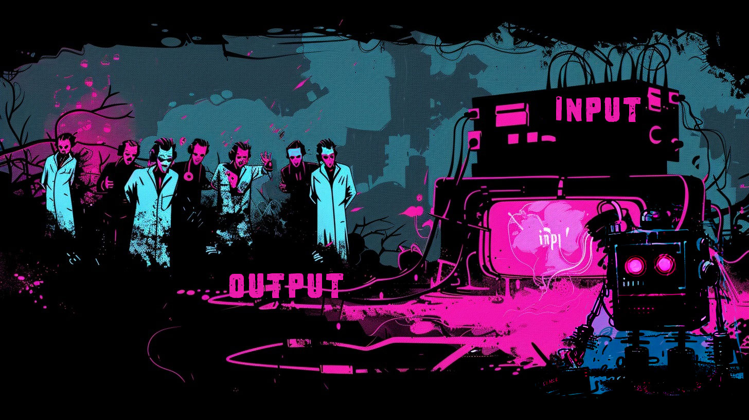Dark Illustration of a group of scientist looking at an input/output scenario