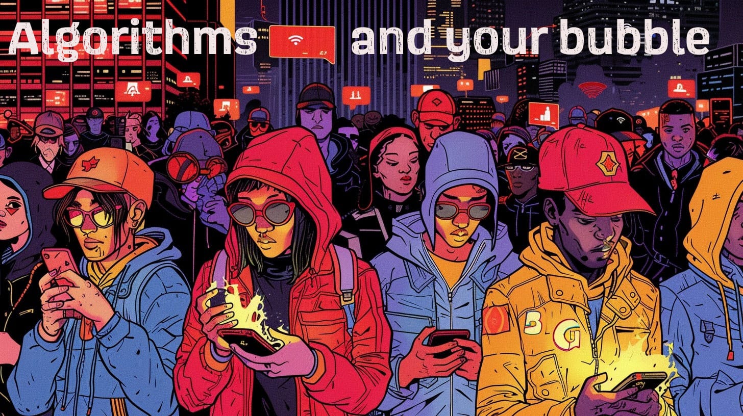 Algorithm_designed Illustration of a Group of people staring emotionlessly into their phones