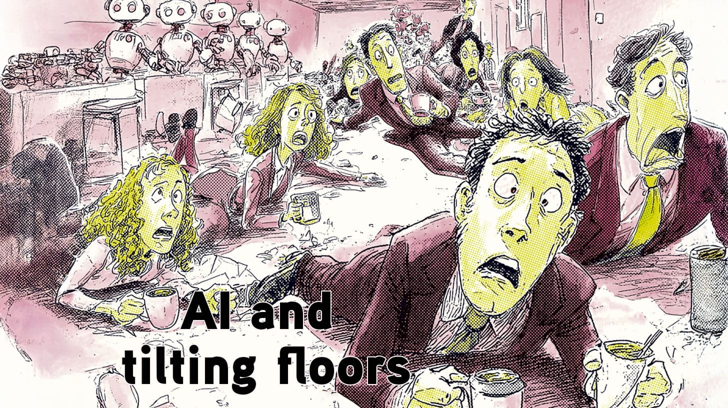 Illustration of tumbling office workers, their coffee cups falling, looking panicked while robots sit in the background in a composed fashion