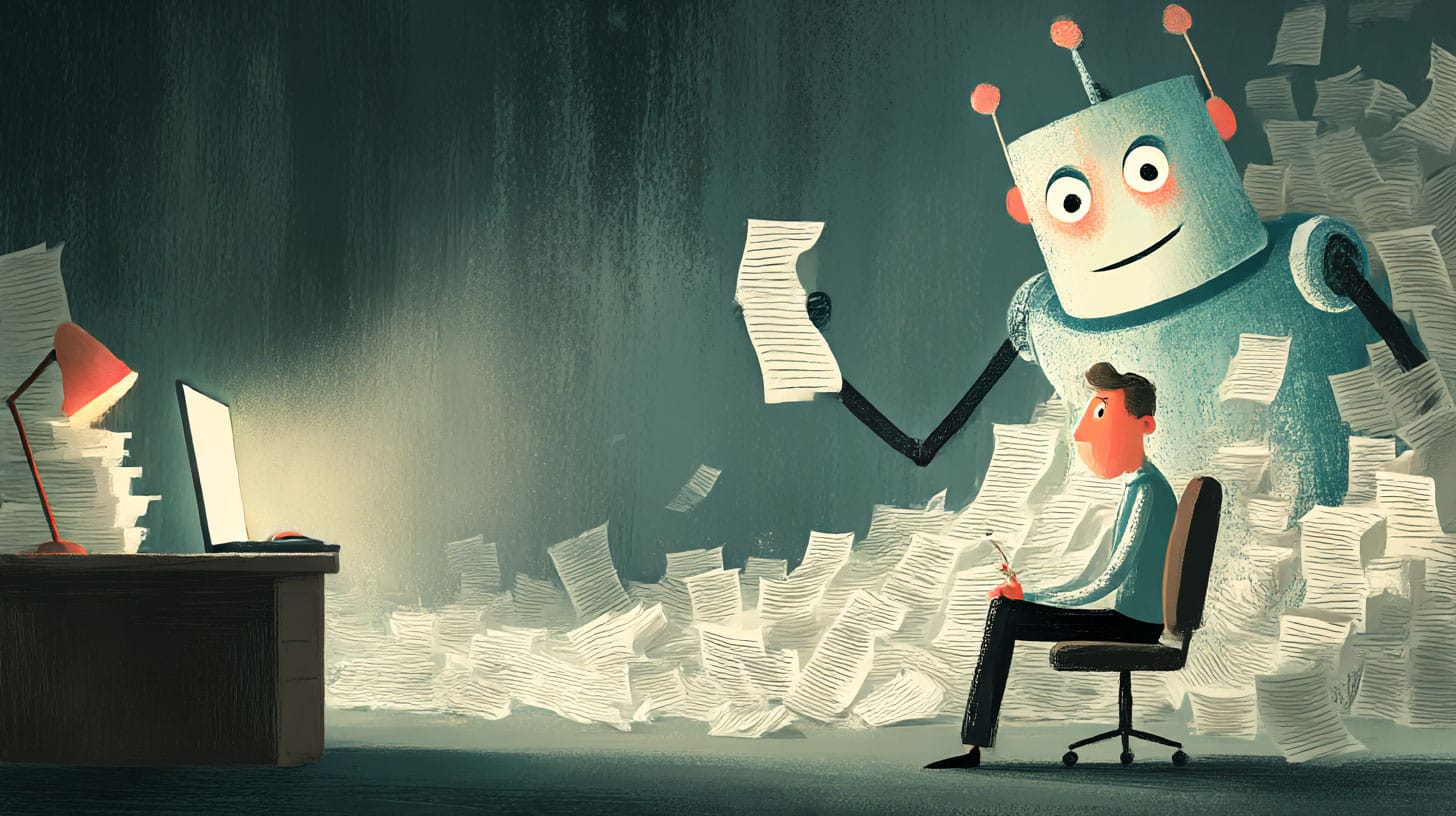 Keep Thinking Illustration of a student and a helpful looking Robot AI churning out papers in an office at night