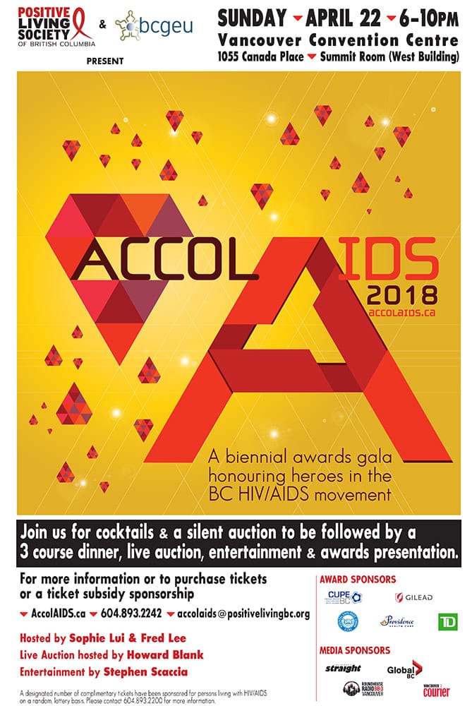 Accolaids2018 Poster for the AccolAIDS 2018 awards gala, Sunday April 22 at the Vancouver Convention Centre. A red geometric A on a gold background, with event details and sponsor logos below.
