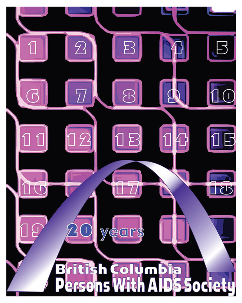 History_Book Cover of "20 Years of BCPWA". A numbered grid in purple and black with a swooping silver arch and the British Columbia Persons With AIDS Society name.