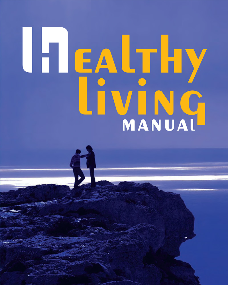 Manual2008 Cover of the Healthy Living Manual, 2008. Two silhouetted people standing on a rocky shore at dusk, with the title in yellow and white.