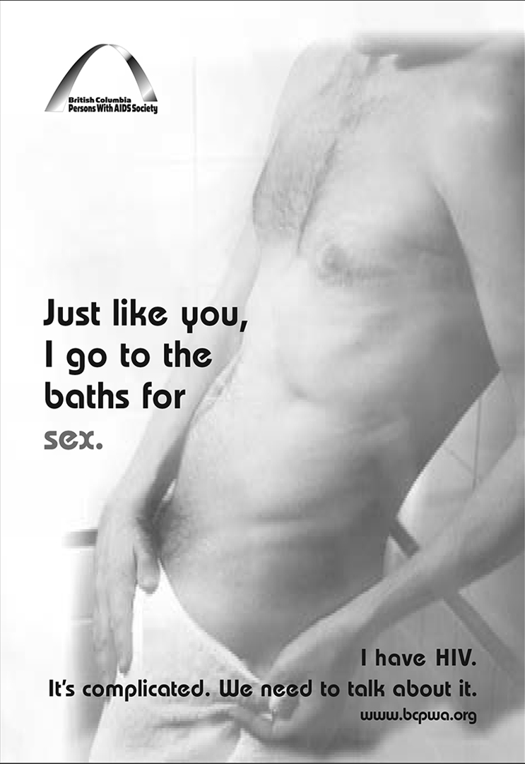 bathouse_trimmed Black-and-white poster of a man's torso wrapped in a towel. Text reads "Just like you, I go to the baths for sex. I have HIV. It's complicated. We need to talk about it." BCPWA logo at top left.
