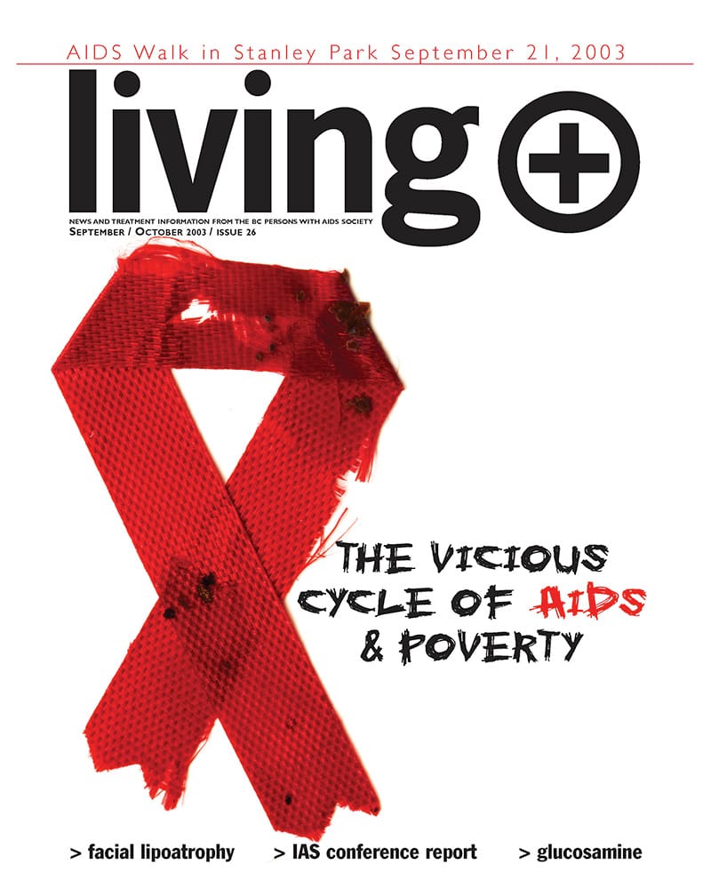 cover-26-older Cover of Living+ magazine, issue 26. A red painted AIDS ribbon with the headline "The vicious cycle of AIDS and poverty".